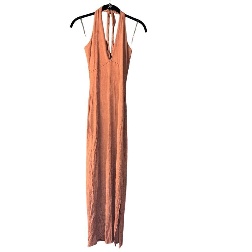 Elegant Terracotta Halter Maxi Dress Ribbed Knit‎ Summer Beach Boho Chic F59